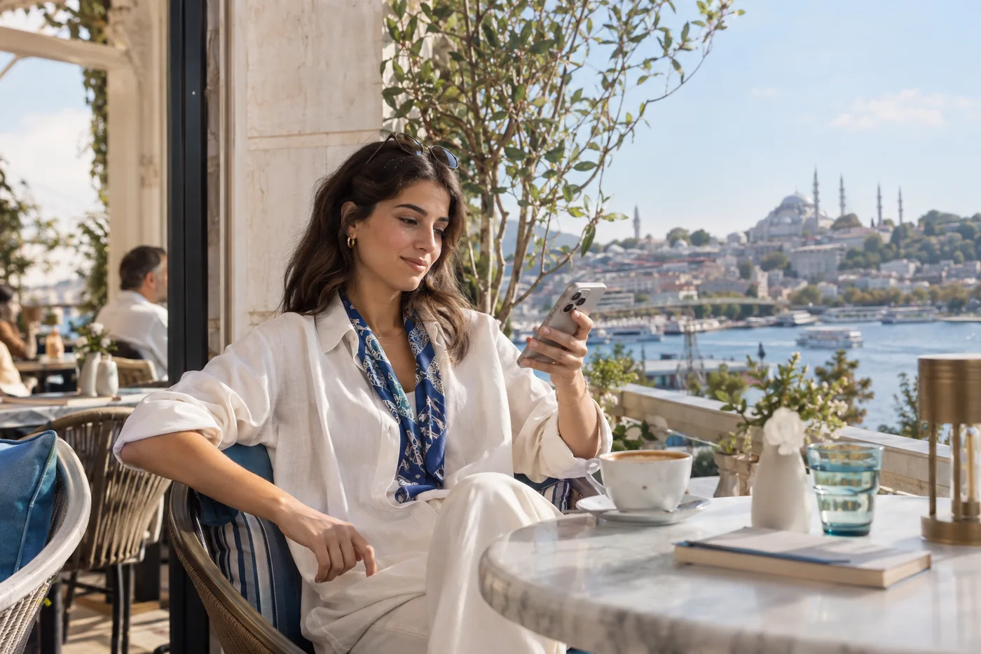 Güneşli bir kafede telefonuna bakan bir kişi.